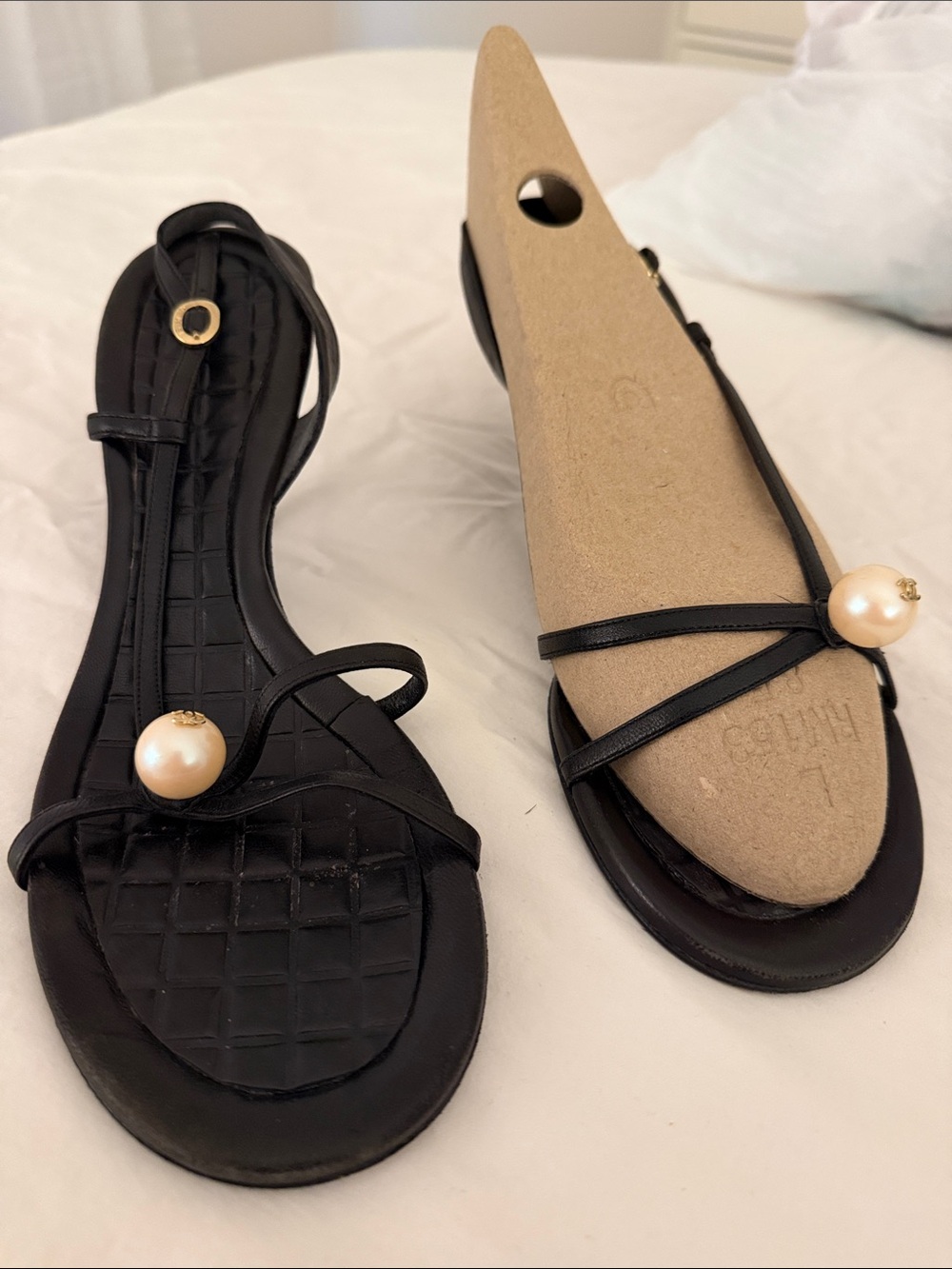 CHANEL Black Leather Pearl Accent Strappy Sandals